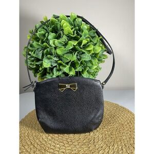 Nina Ricci Paris Bow Purse Black Pebbled Leather Gold Silver Bow Detail Shoulder